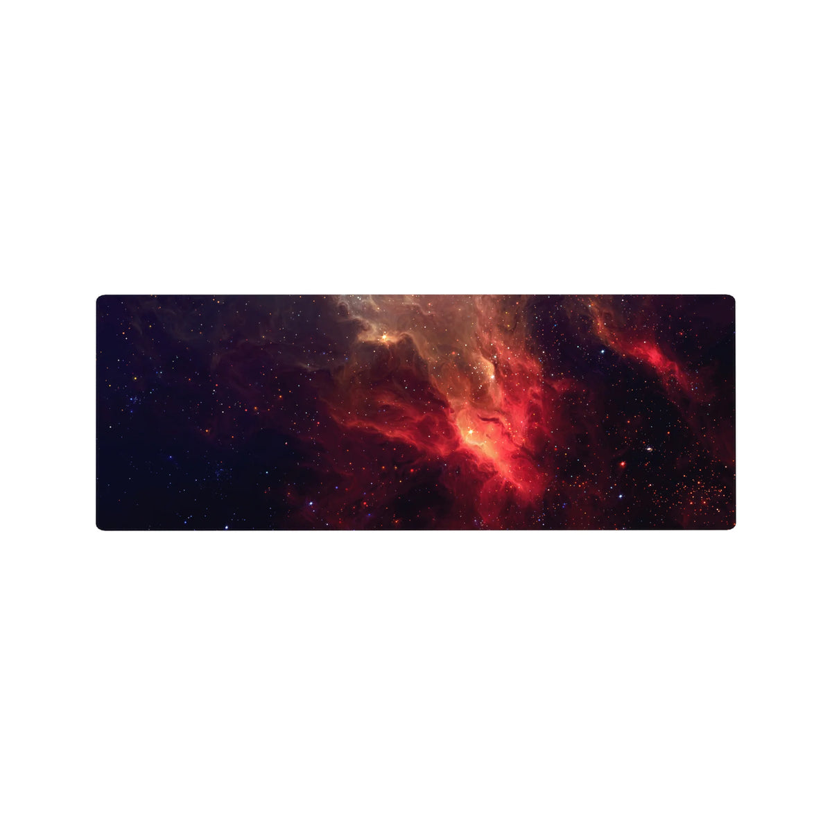 Galaxy nebula desk mouse pad, 32x12 inches, with smoky clouds and scattered stars on midnight black.