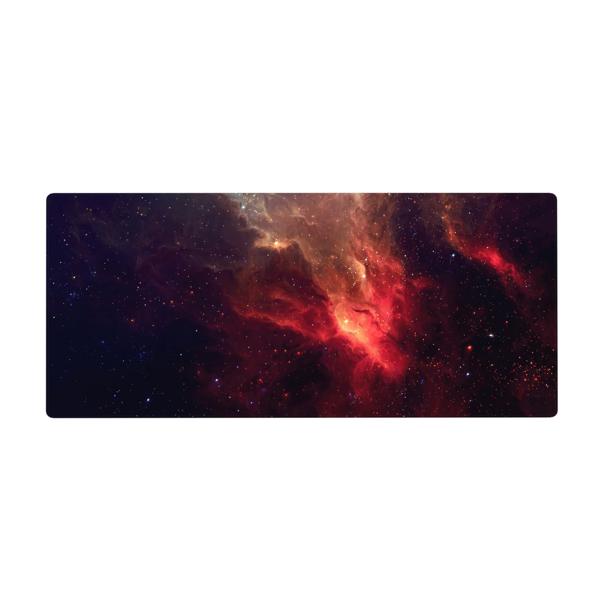 Galaxy nebula desk pad with smoky clouds, scattered stars, on a midnight backdrop, 36x16 inches.