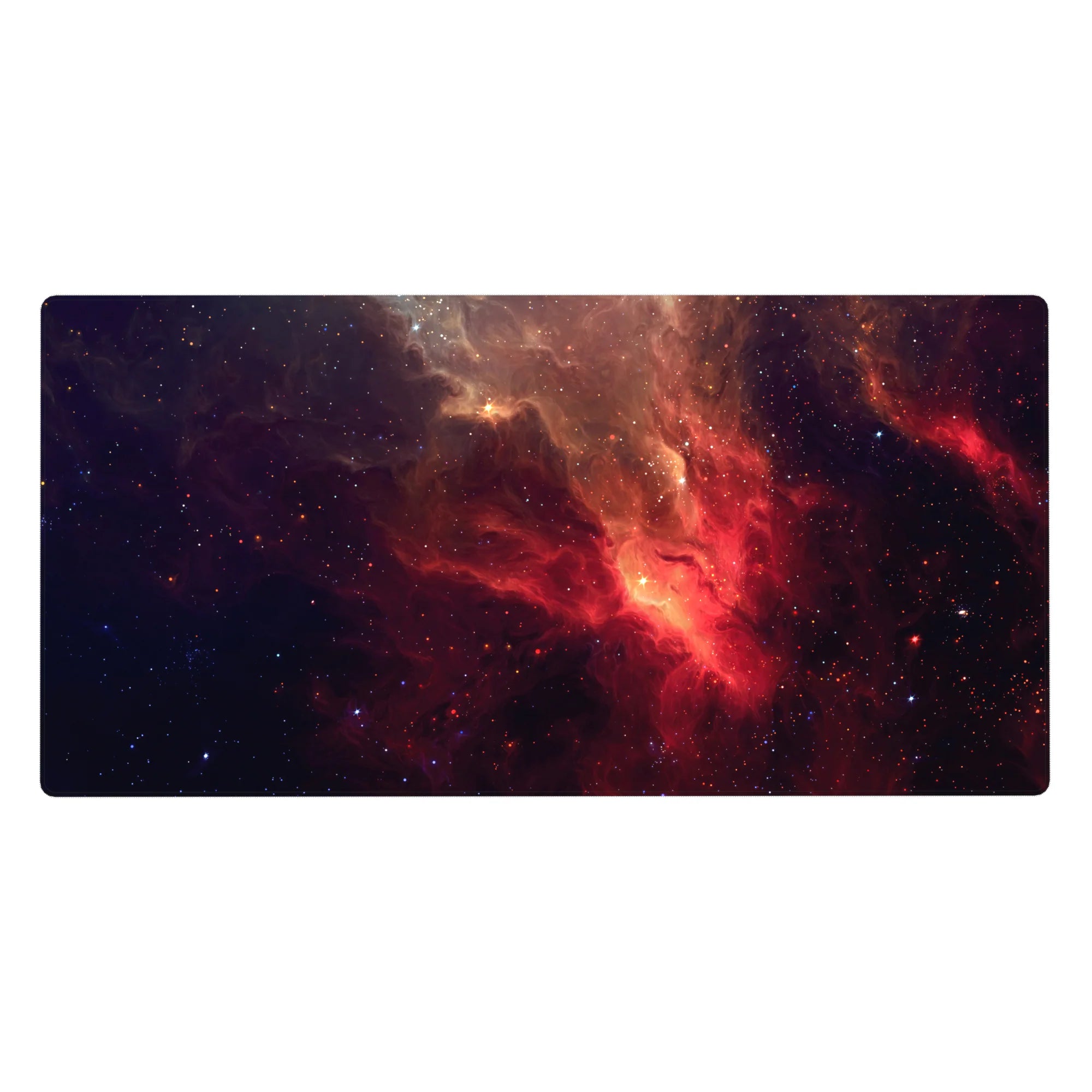 Galaxy nebula desk pad 40x20 inches with smoky clouds, star confetti, and midnight backdrop.
