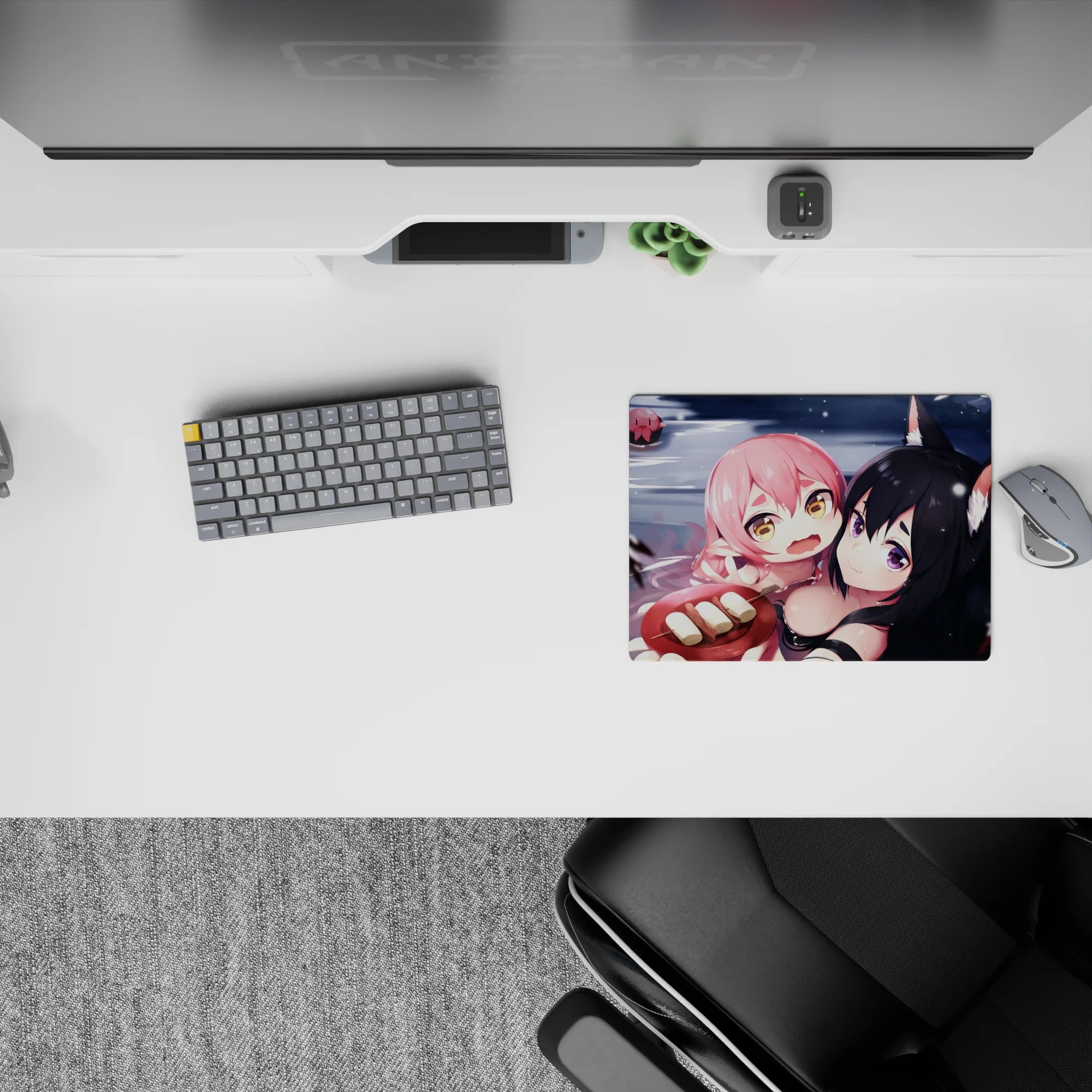 Cozy chaos anime girl mouse pad 14x10 inches in cool gray water tones with blush pops and snow specks.