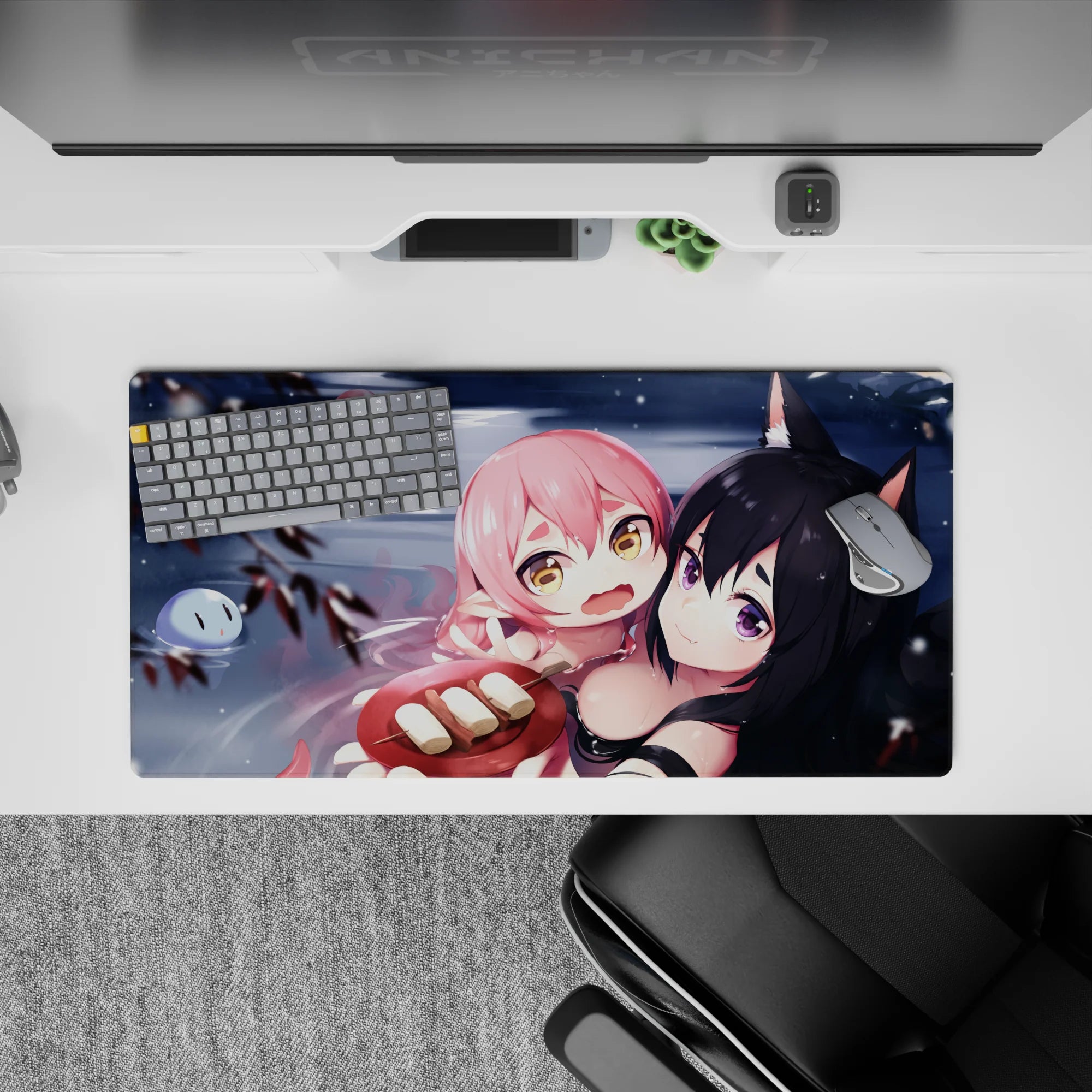 32x16 inches kawaii desk mouse pad in cool gray water tones with blush highlights and drifting snow.