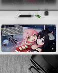 32x16 inches kawaii desk mouse pad in cool gray water tones with blush highlights and drifting snow.