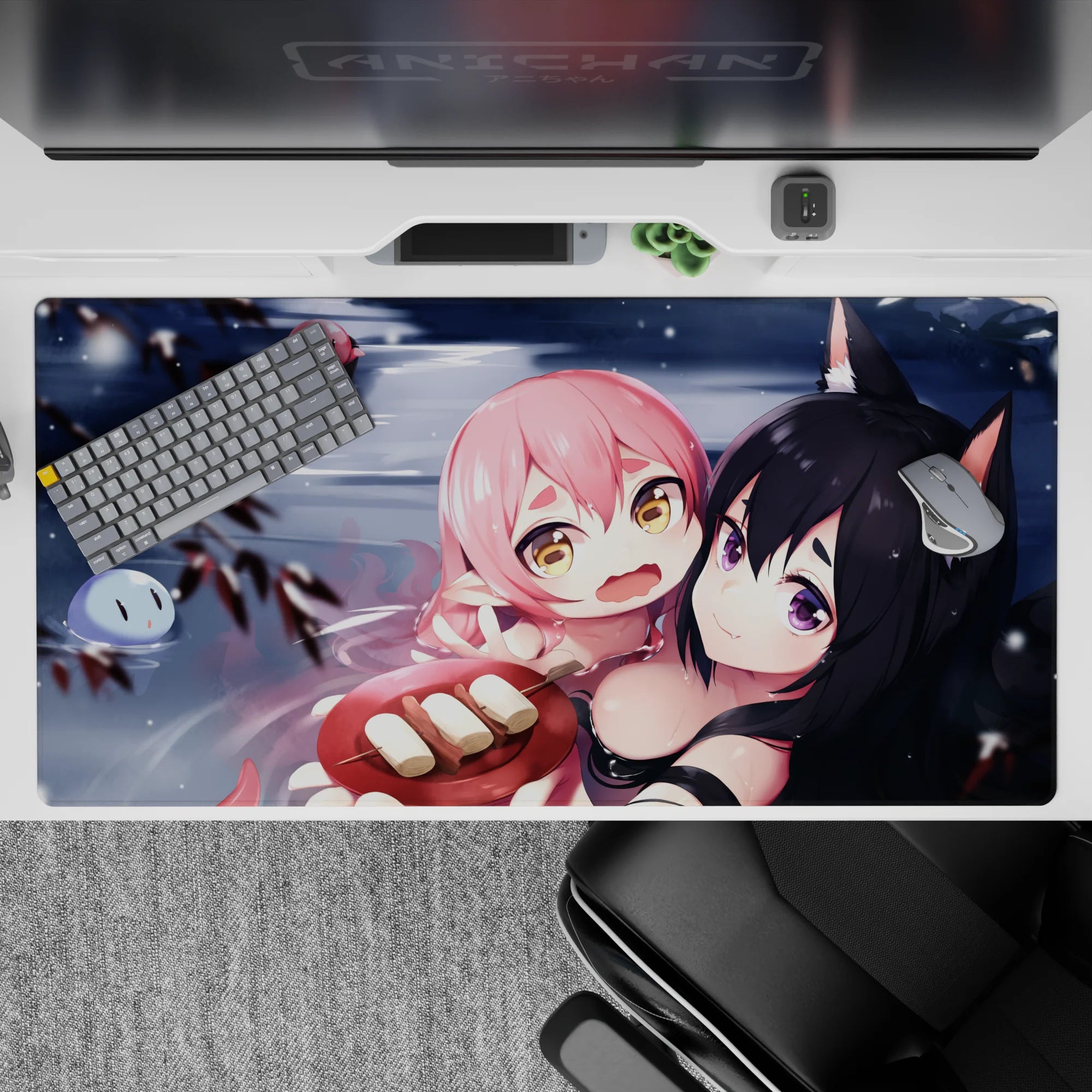 Cool gray water anime desk pad 40x20 inches with blush highlights, snow specks, and cute floating faces.