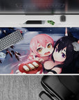 Cool gray water anime desk pad 40x20 inches with blush highlights, snow specks, and cute floating faces.