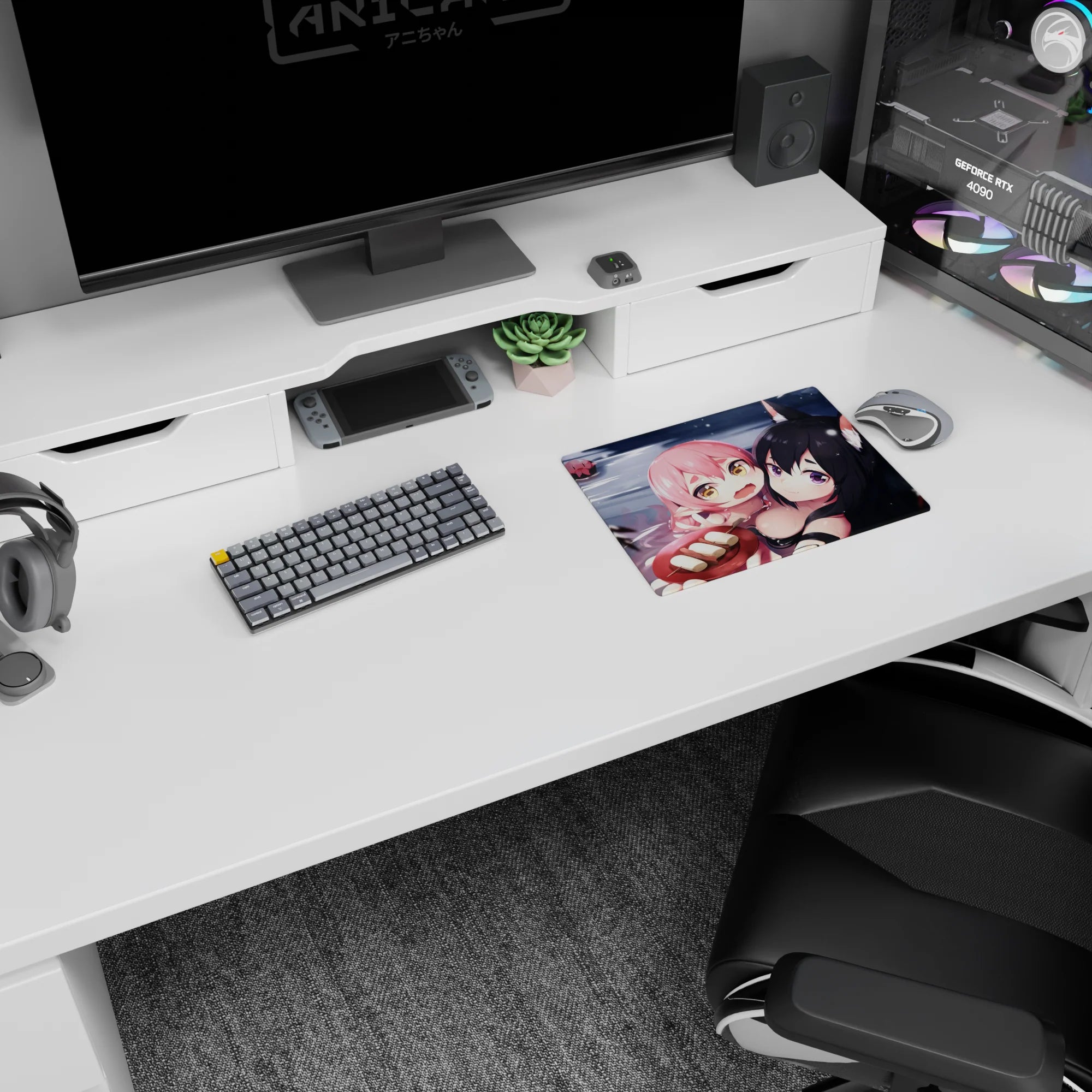 Pink-haired girl clings to fox-eared black-haired anime girl by snowy water on a 14x10 inches mouse pad.