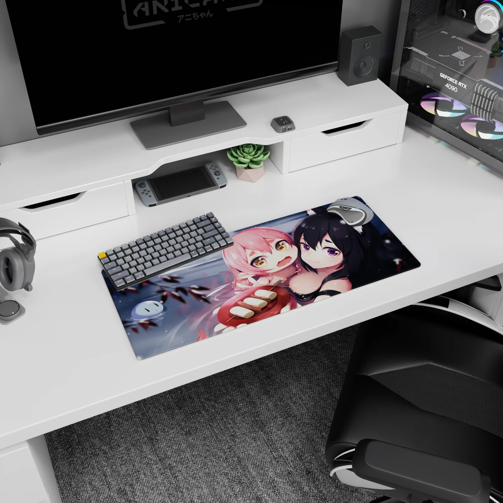 Pink-haired anime girl clings to fox-eared black-haired girl on 28x12 inches mouse pad with floating faces.