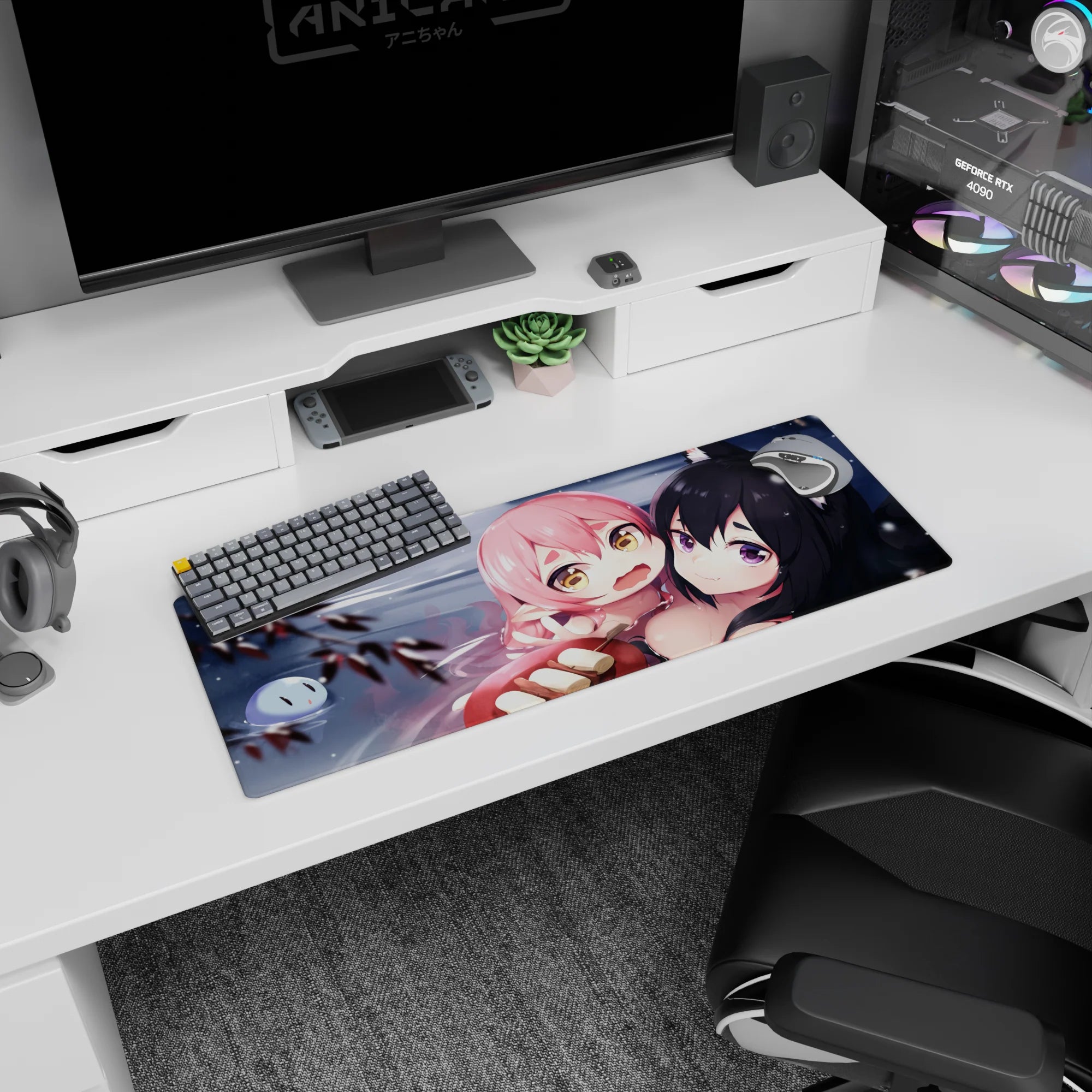 Anime duo desk mat mouse pad 32x12 inches, pink-haired cutie clinging by cool water with floating faces.