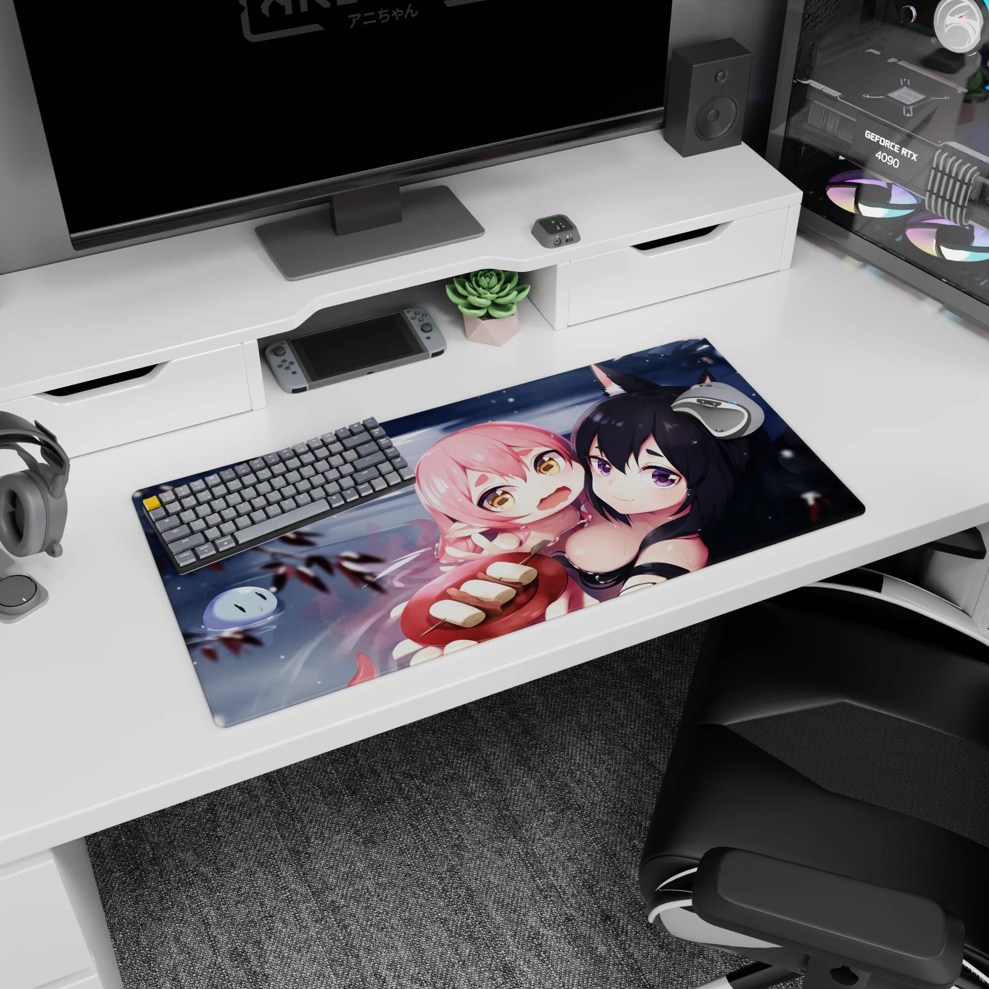 32x16 inches anime mouse pad showing fox-eared girl and clingy pink-haired cutie over snowy water.