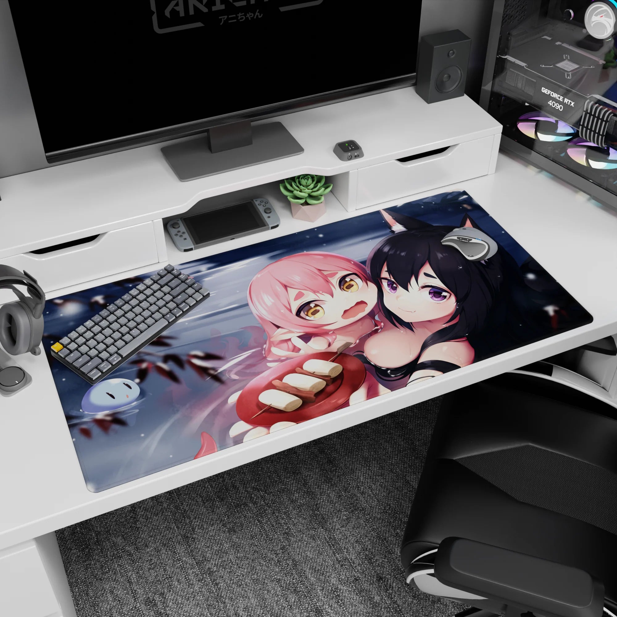 Pink-haired anime girl clinging to fox-eared black-haired girl desk pad 40x20 inches over snowy water.