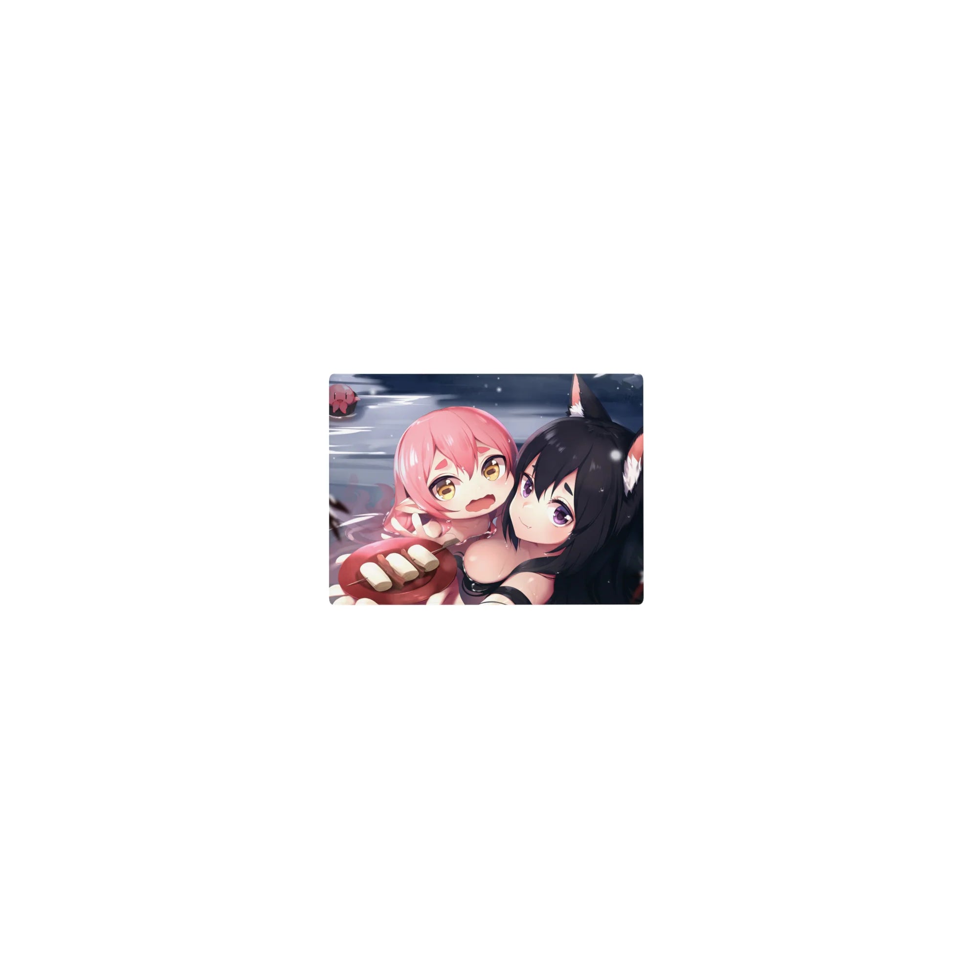Classic anime girl mouse pad 14x10 inches with pink-haired cuddle scene and fox-eared black-haired smirk.