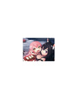 Classic anime girl mouse pad 14x10 inches with pink-haired cuddle scene and fox-eared black-haired smirk.