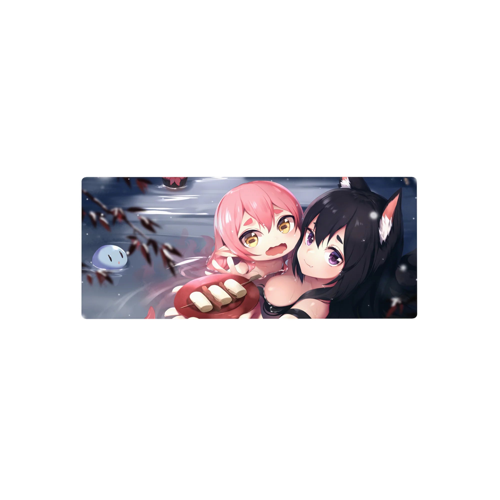 Anime girl mouse pad 28x12 inches with pink-haired cuddle and fox-eared black-haired smirk in snowy water scene.