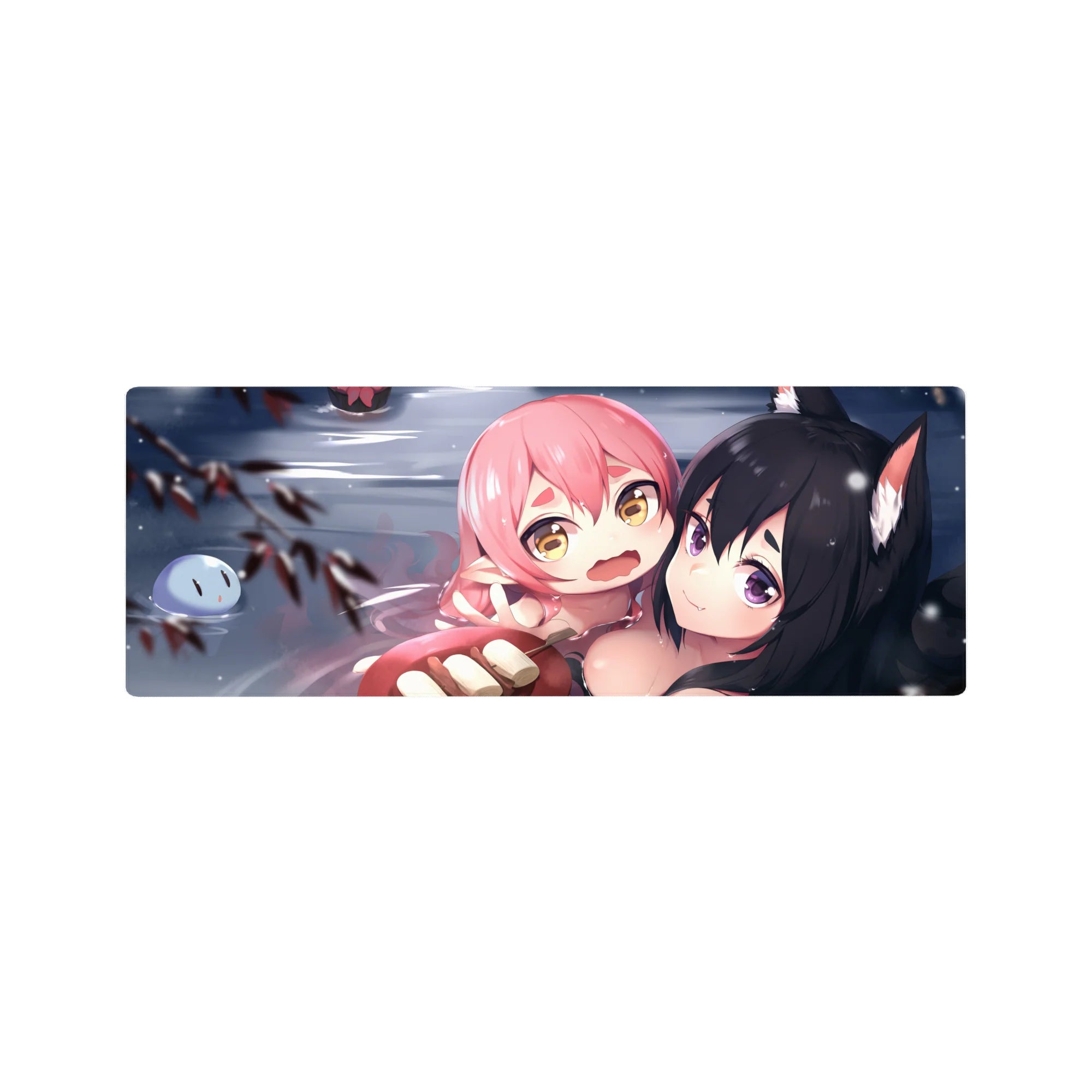 Anime girl mouse pad 32x12 inches with pink-haired girl hugging a fox-eared black-haired smirking cutie.