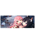 Anime girl mouse pad 32x12 inches with pink-haired girl hugging a fox-eared black-haired smirking cutie.