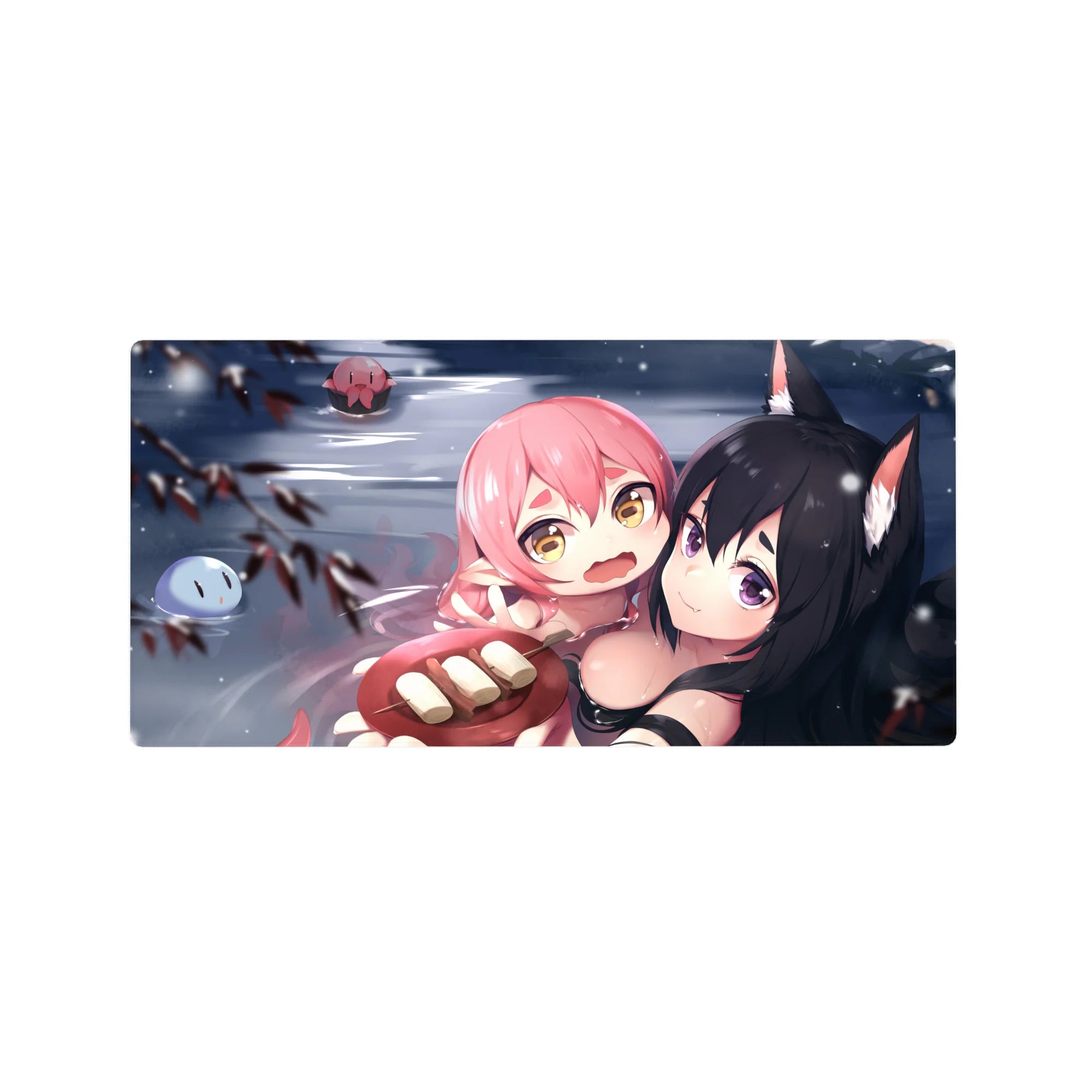 32x16 inches anime girl mouse pad with pink-haired girl cuddling a fox-eared black-haired smirk.