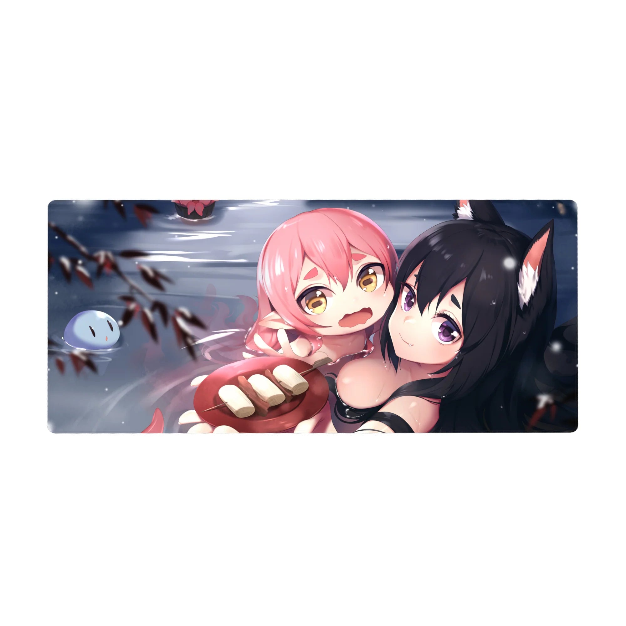 Anime girl desk pad 36x16 inches with pink-haired cuddle and fox-eared black-haired smirk in snowy water scene.