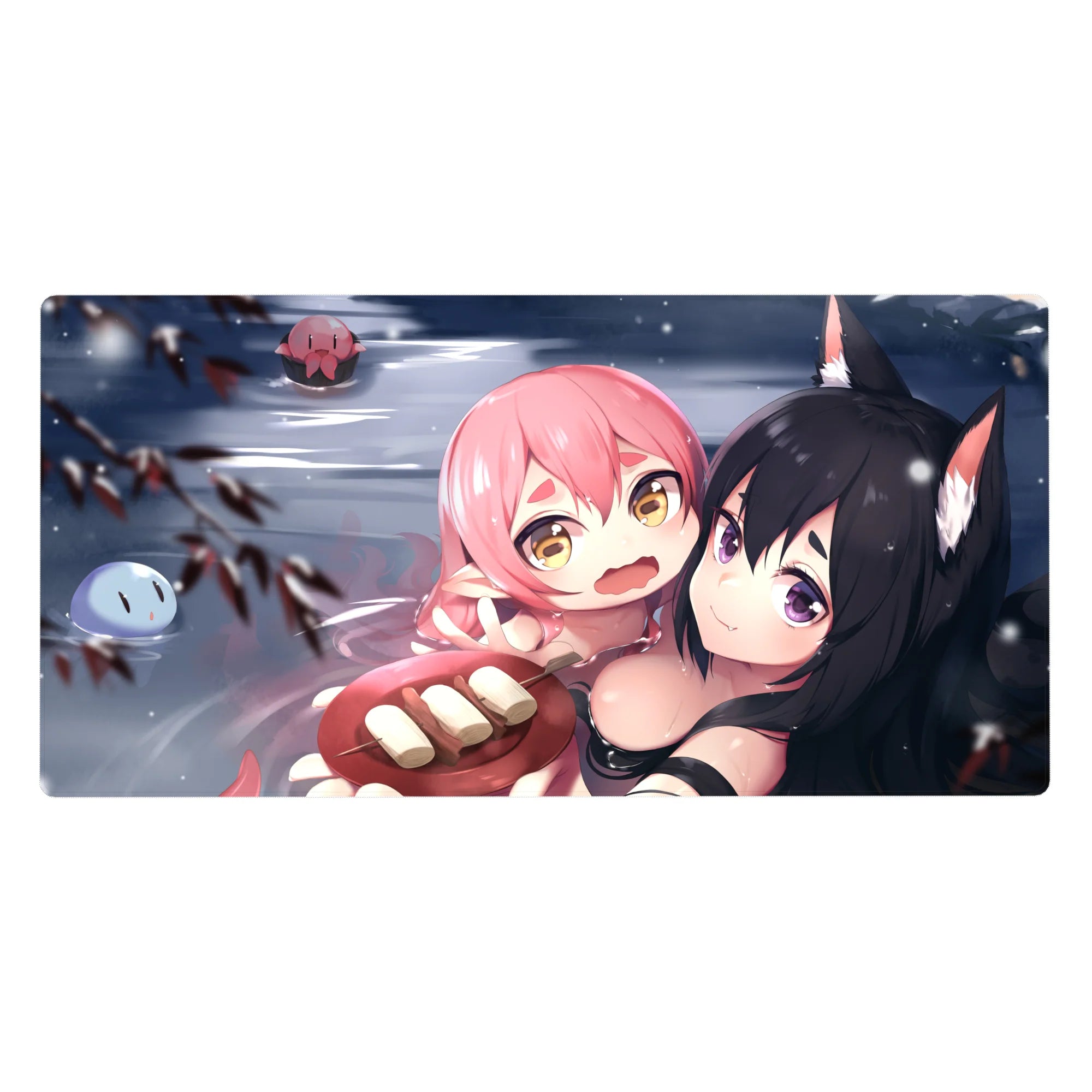 Cozy anime girl desk pad 40x20 inches with pink-haired girl and fox-eared black-haired smirk in snow.
