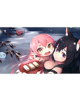 Cozy anime girl desk pad 40x20 inches with pink-haired girl and fox-eared black-haired smirk in snow.