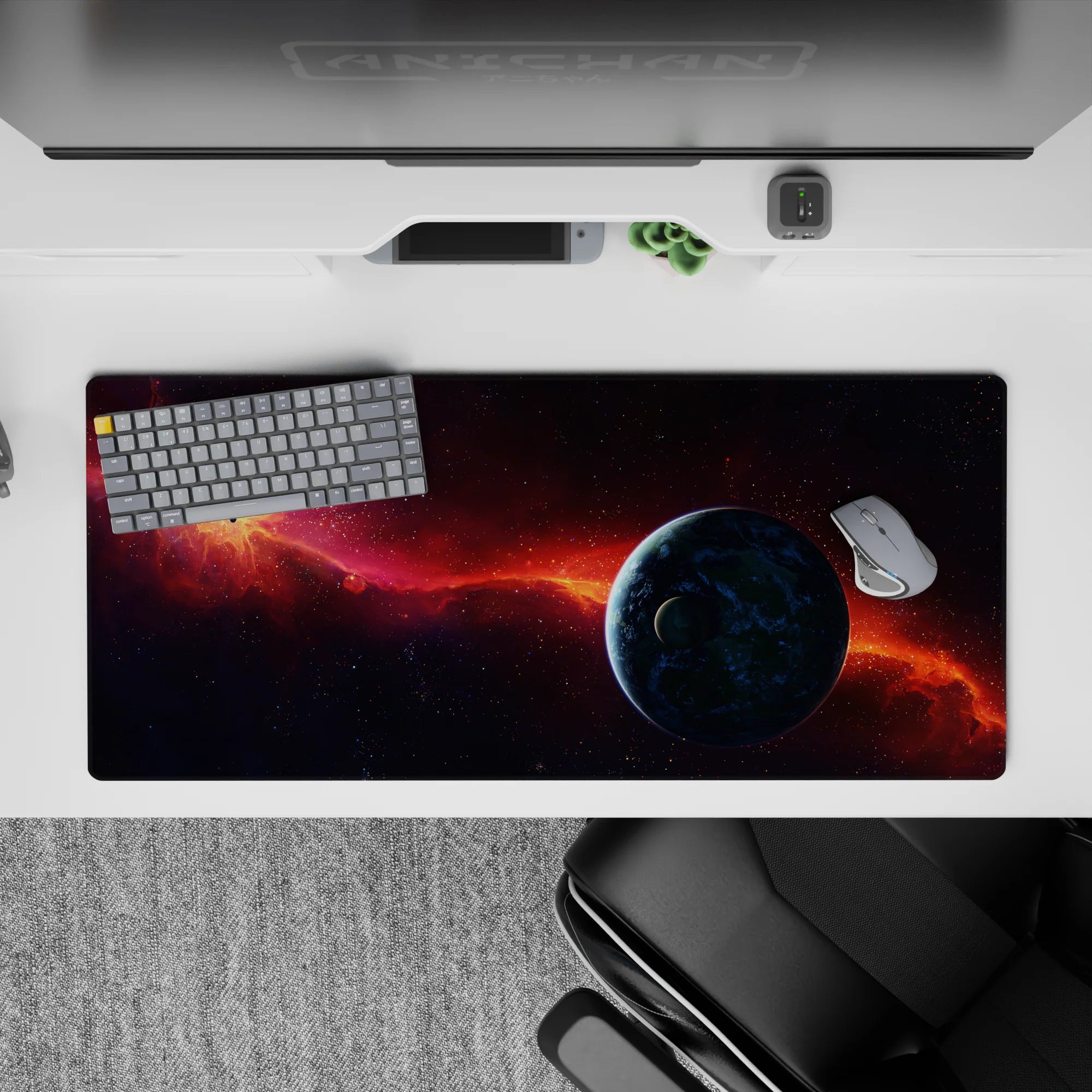 Cozy smoky purple to midnight gradient desk pad 36x16 inches with fiery orange comet streak.