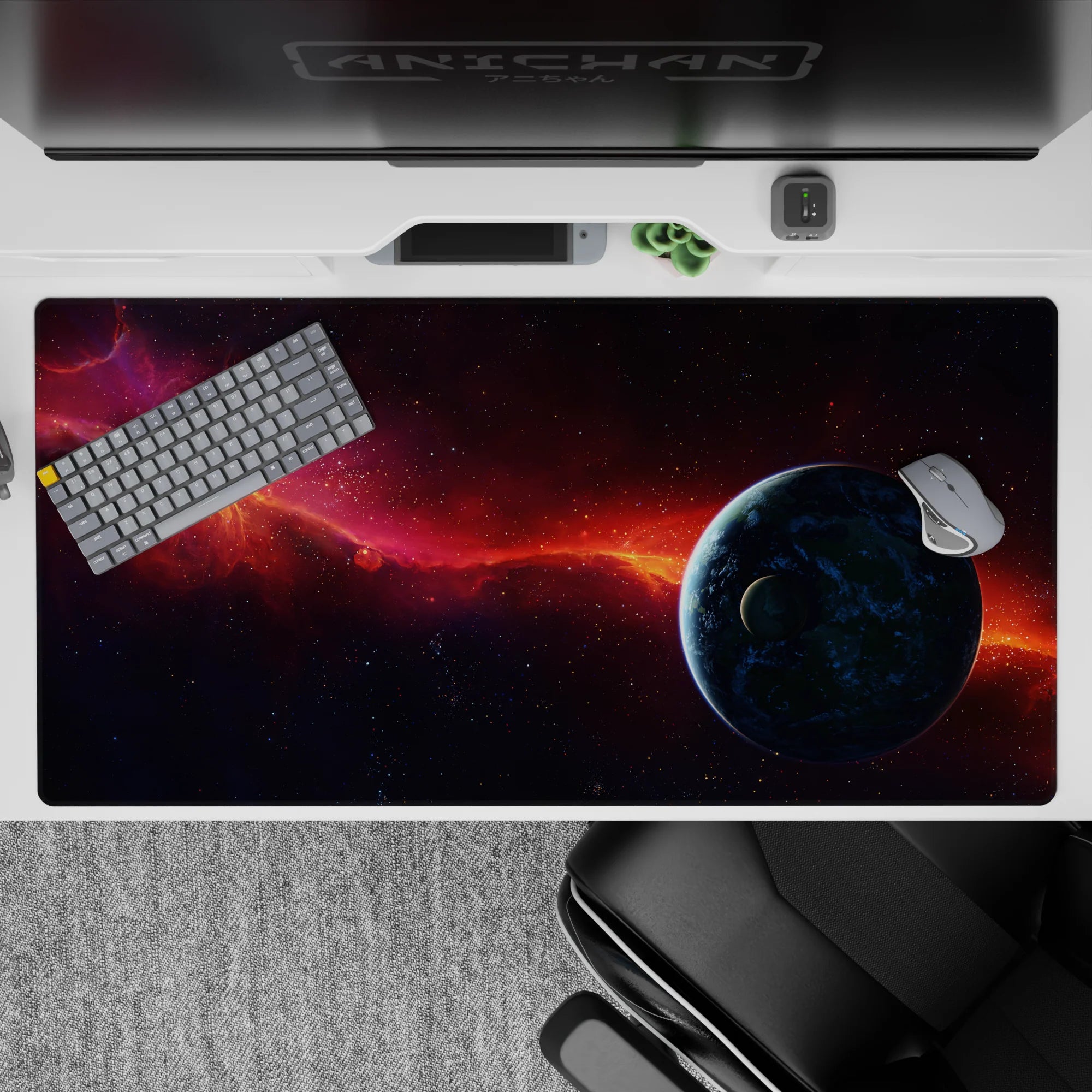 Moody cosmic desk pad 40x20 inches in smoky purples, midnight tones, and a fiery orange nebula.