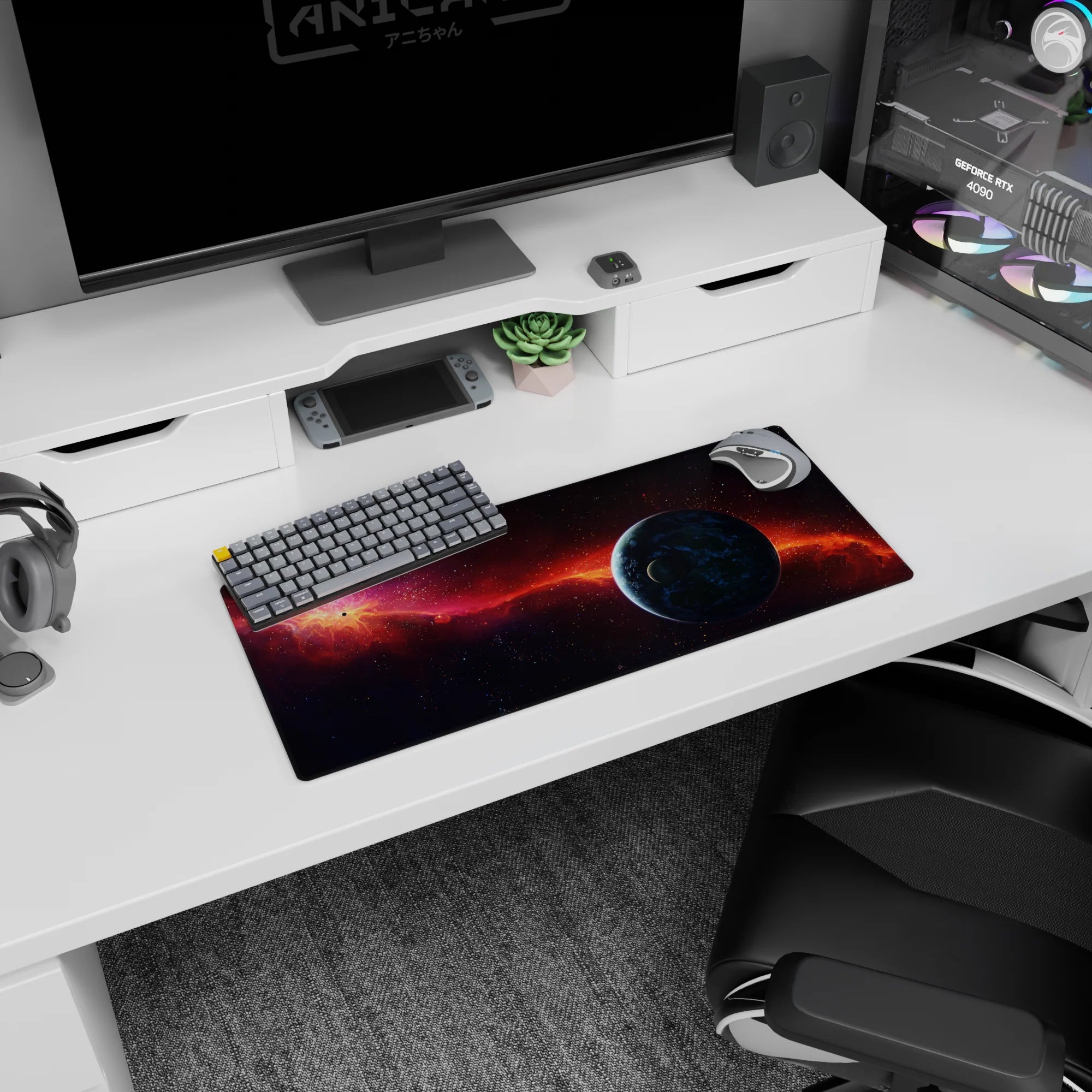Starry deep space scene mouse pad 28x12 inches featuring a comet-like orange nebula and blue planet.