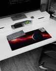Starry deep space scene mouse pad 28x12 inches featuring a comet-like orange nebula and blue planet.