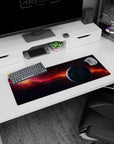 Orange nebula comet ribbon across a starfield on a 32x12 inches mouse pad with a blue planet hovering.