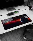 Nebula comet ribbon scene mouse pad 32x16 inches featuring an orange streak across stars and a blue planet.