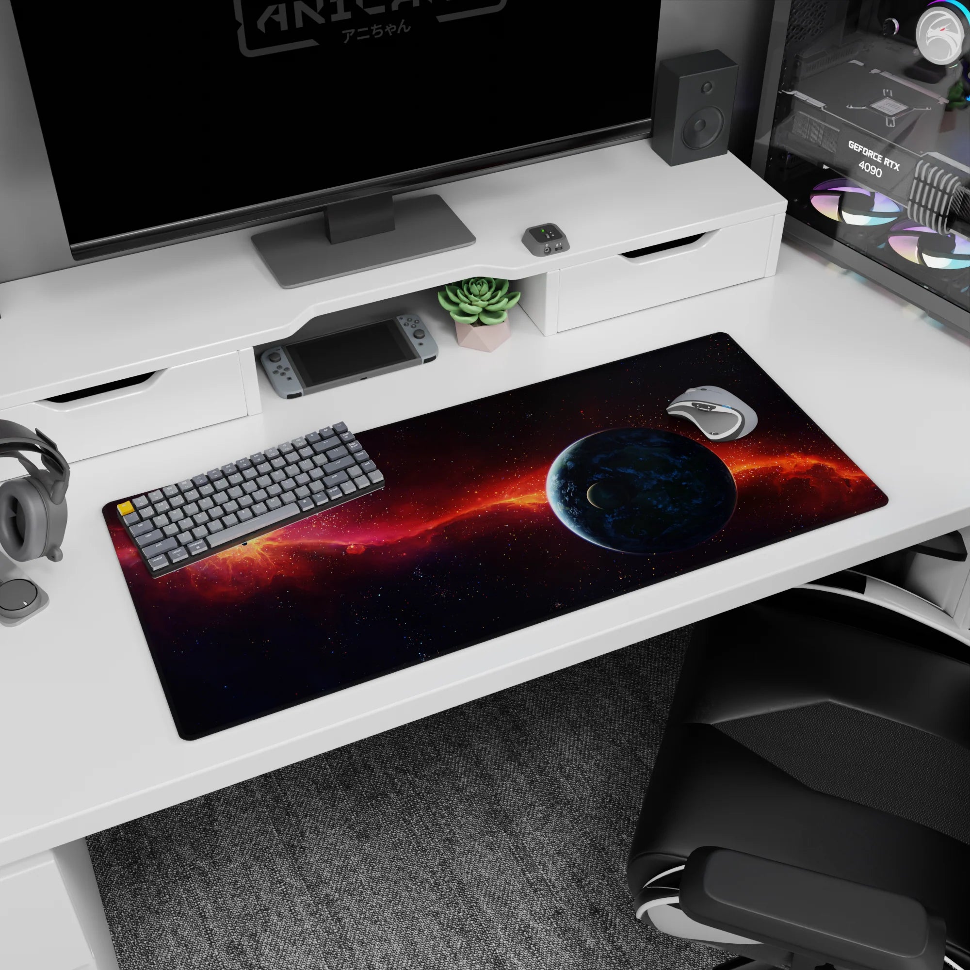 Blue planet and orange nebula scene desk pad 36x16 inches, starry deep space desktop mat.