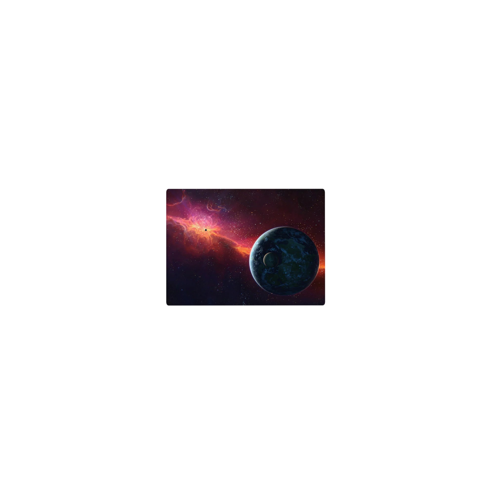 Cosmic space nebula mouse pad with stars and blue planet, 14x10 inches.