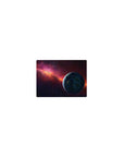 Cosmic space nebula mouse pad with stars and blue planet, 14x10 inches.
