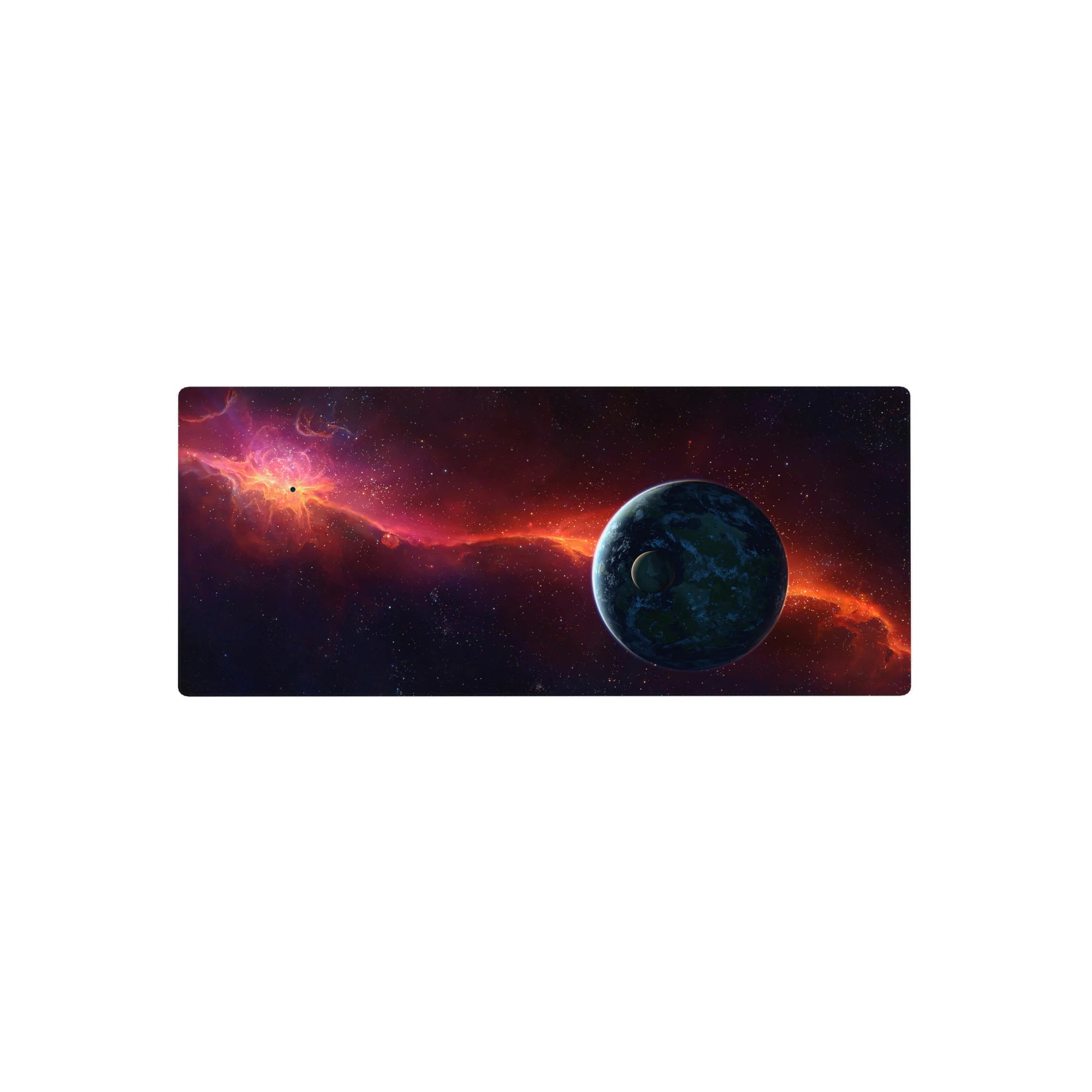 Space nebula galaxy mouse pad 28x12 inches with starfield gradient and blue planet on the edge.