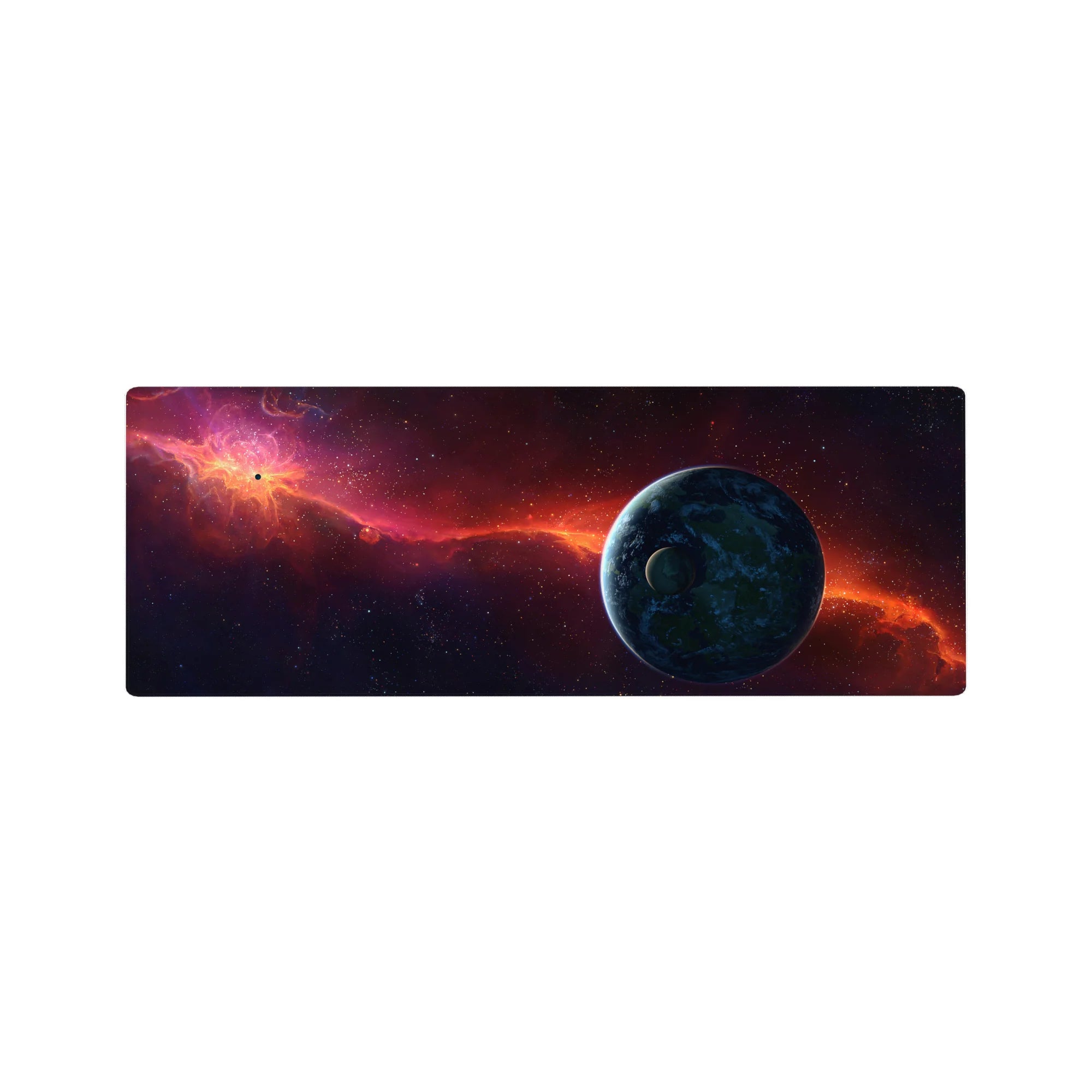 Space galaxy desk mouse pad 32x12 inches with stars, blue planet edge, and orange nebula streak.