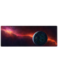 Space galaxy desk mouse pad 32x12 inches with stars, blue planet edge, and orange nebula streak.