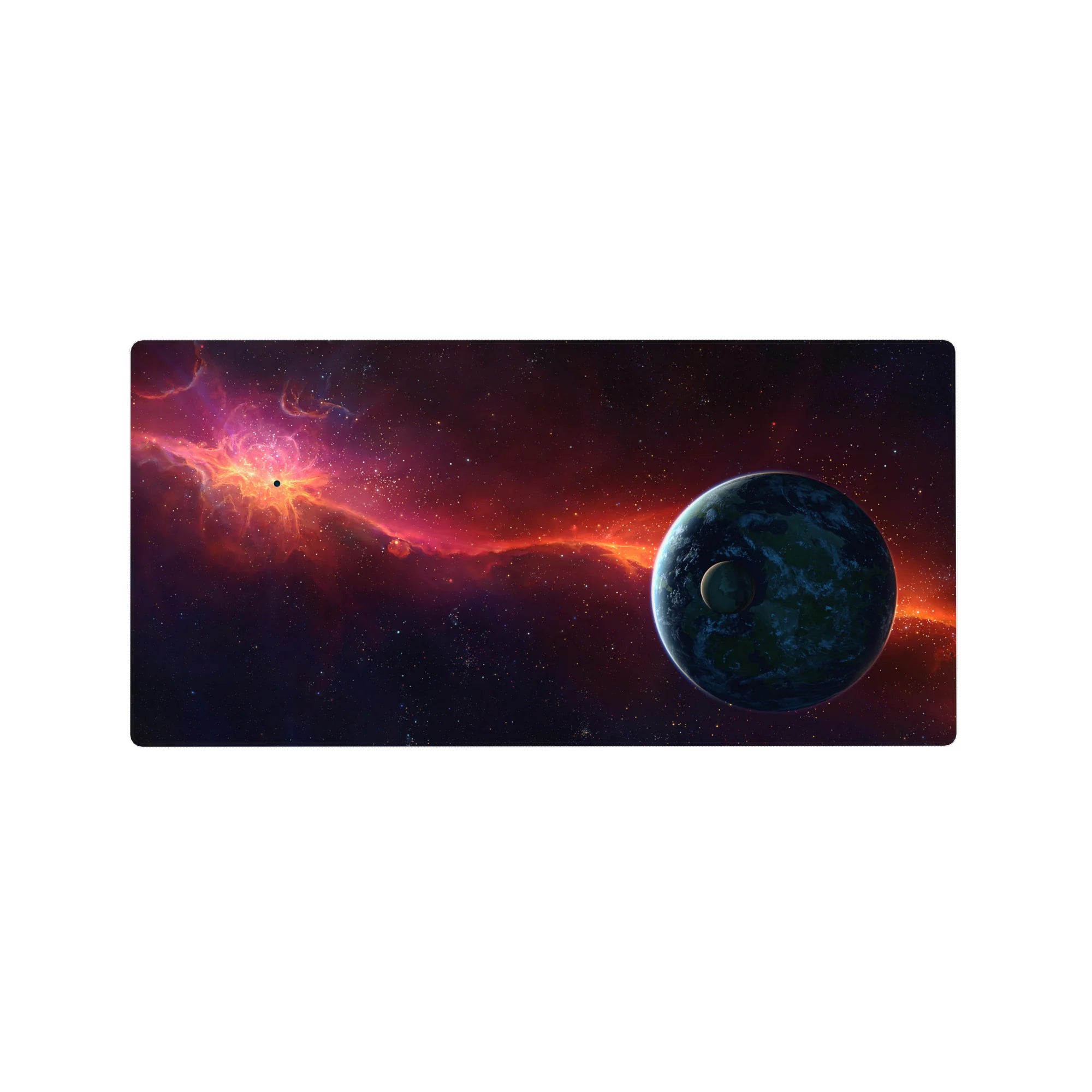 Space galaxy desk mouse pad 32x16 inches with starfield, purple-to-midnight gradient, and blue planet edge.