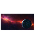 Space galaxy desk mouse pad 32x16 inches with starfield, purple-to-midnight gradient, and blue planet edge.