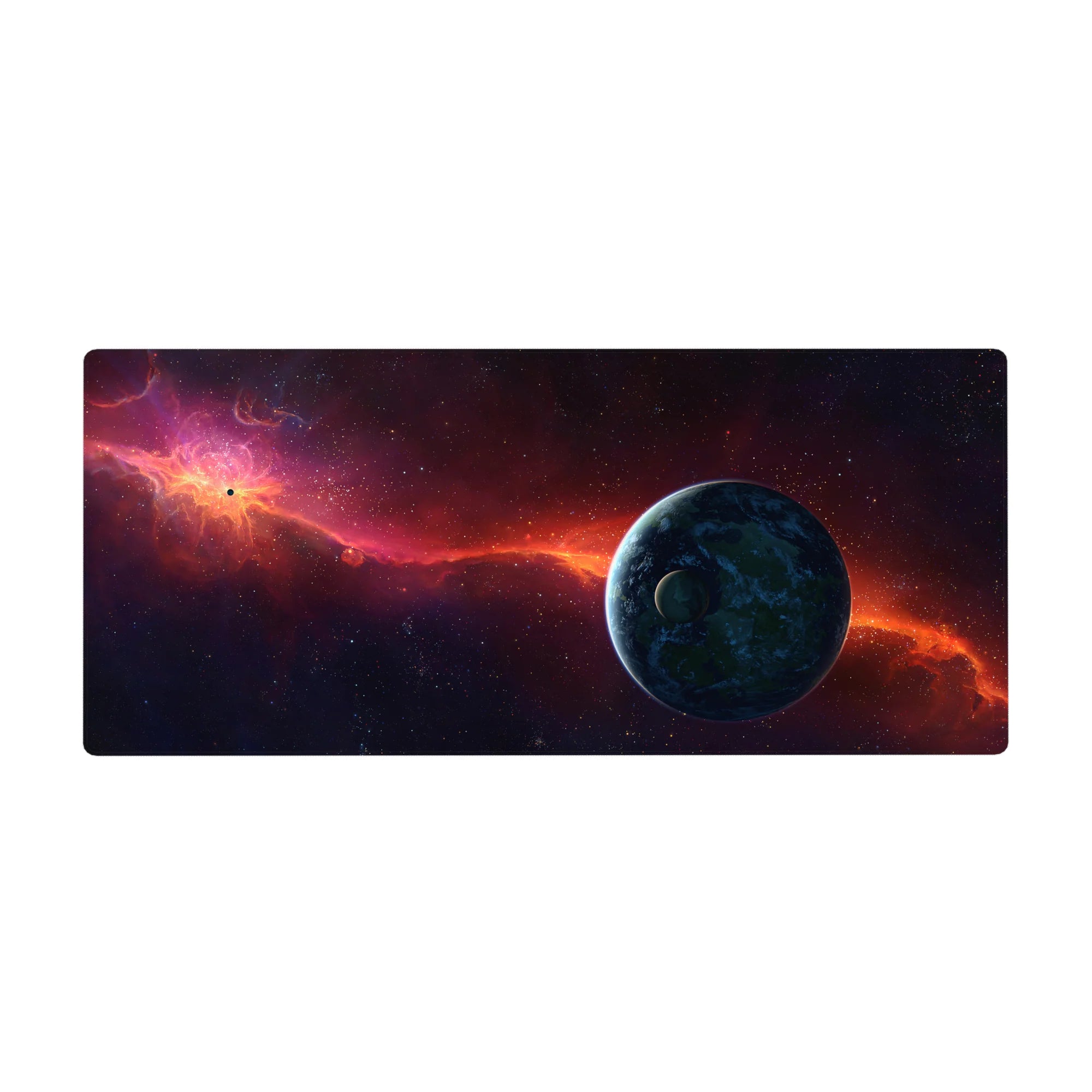 Space nebula desk pad 36x16 inches with starscape and blue planet, cosmic gaming mouse mat.