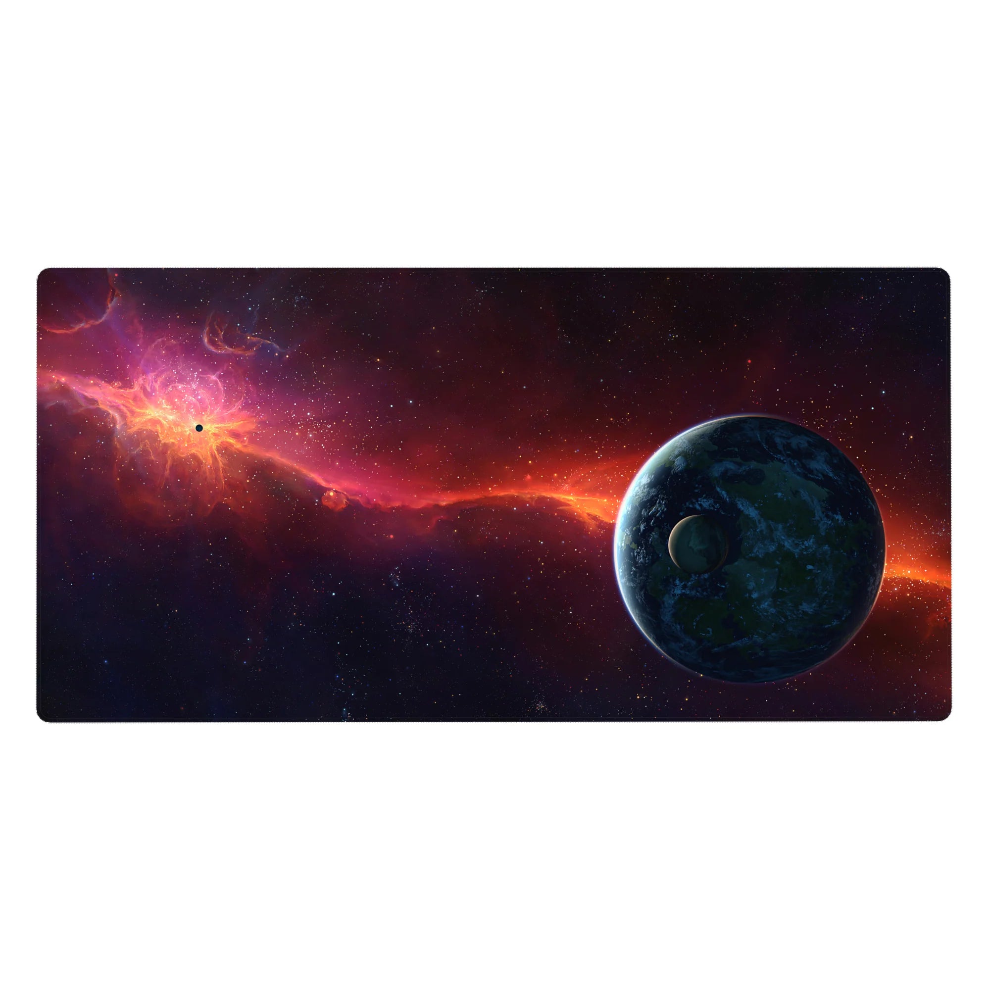 Space nebula desk pad 40x20 inches with stars, smoky purple sky, orange streak, and blue planet.