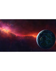 Space nebula desk pad 40x20 inches with stars, smoky purple sky, orange streak, and blue planet.