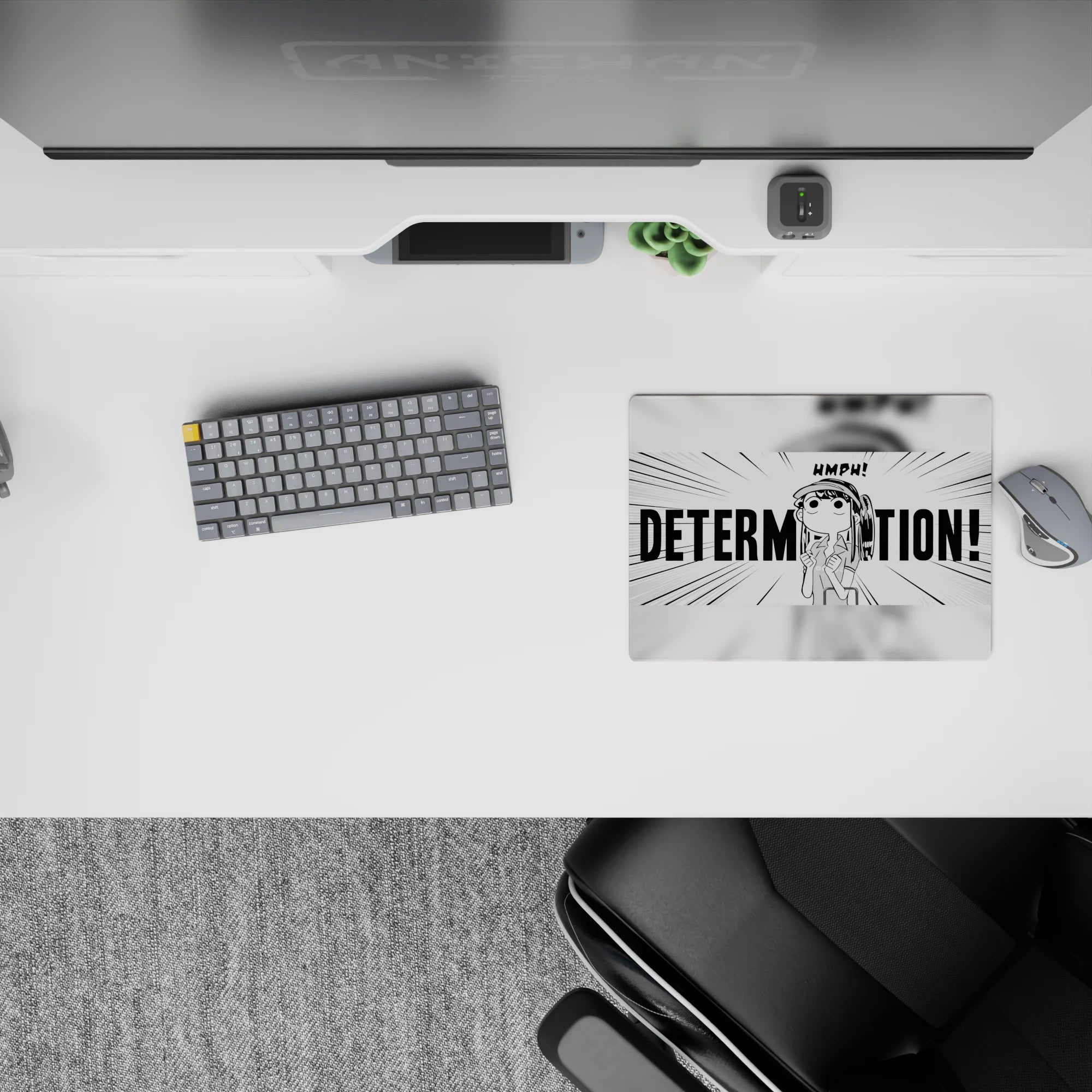 Black-and-white manga style mouse pad 14x10 inches with stubborn, bossy HMPH energy and sharp contrast.