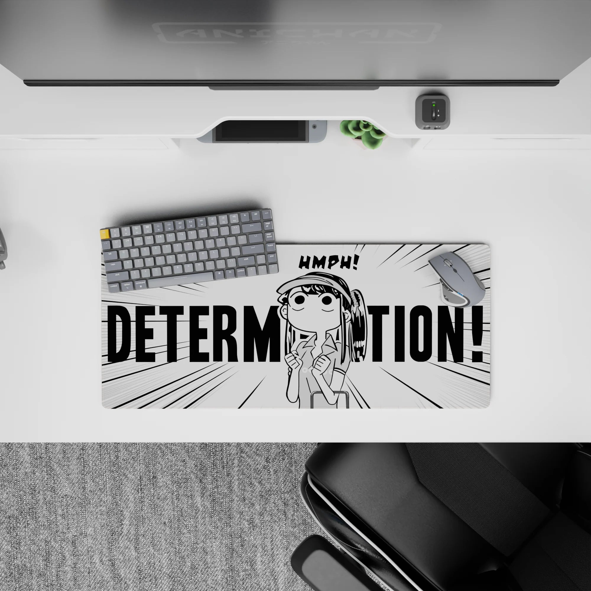 Black-and-white anime girl mouse pad 28x12 inches, stubborn pouty motivation vibe with sharp contrast.