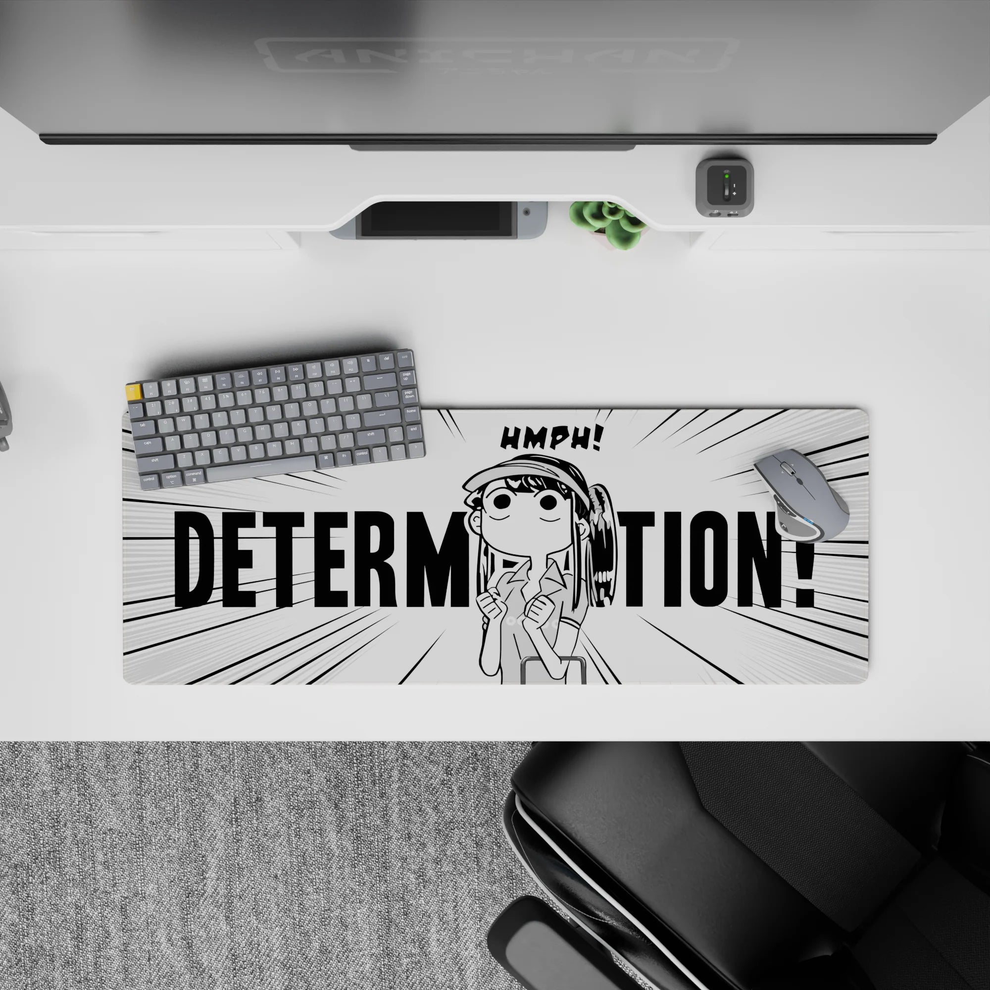 32x12 inches black-and-white manga desk mat with stubborn, cute bossy HMPH motivation vibe.