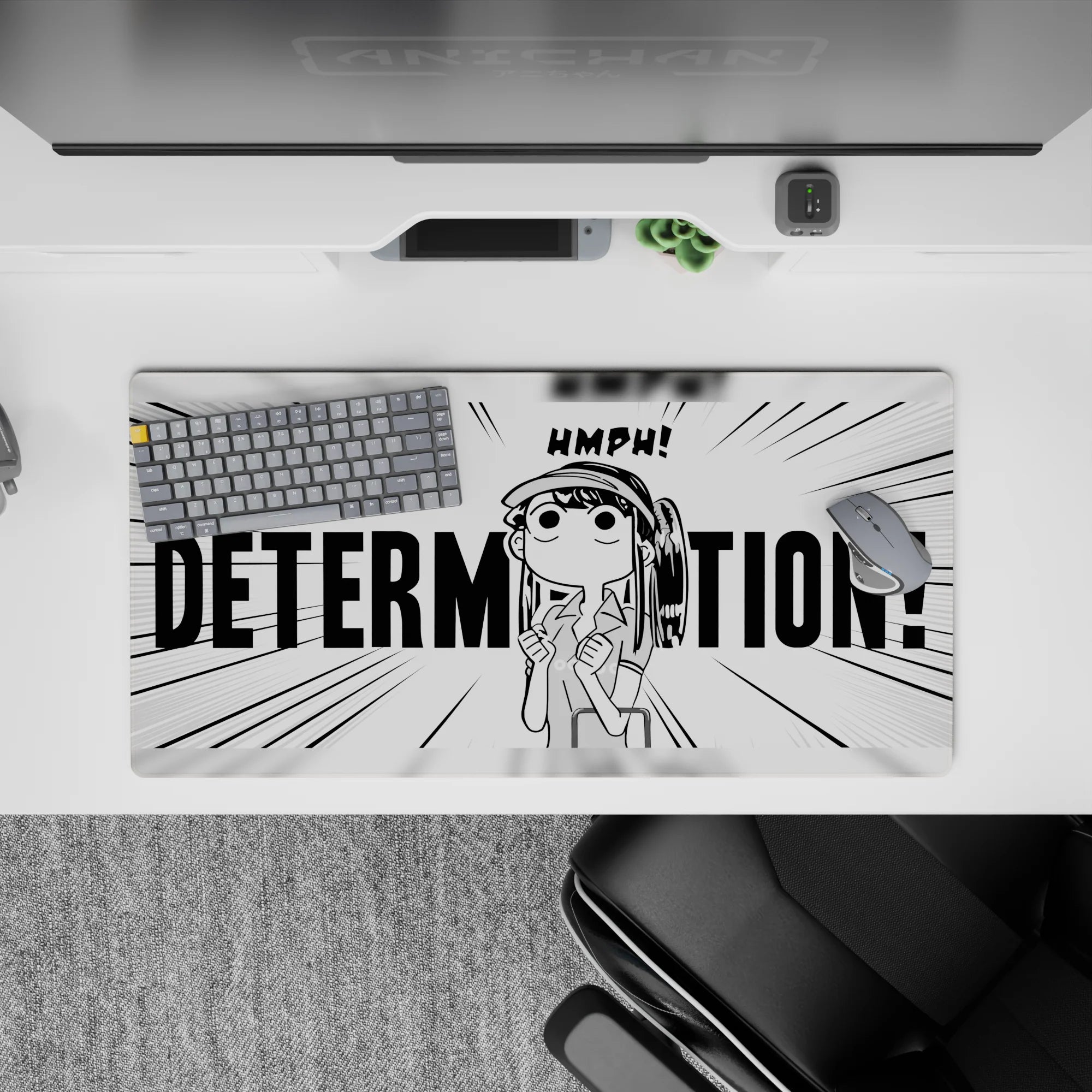 32x16 inches black-and-white anime desk mat with stubborn HMPH attitude and high-contrast manga art.