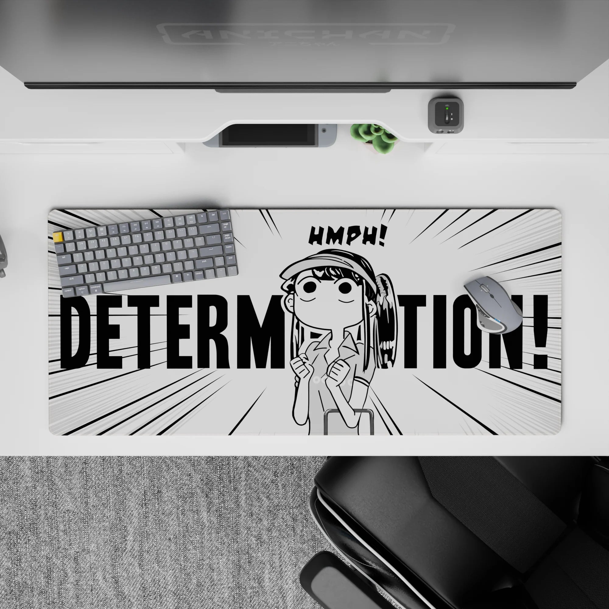 36x16 inches black-and-white manga desk pad, high-contrast stubborn HMPH energy for gaming setups.