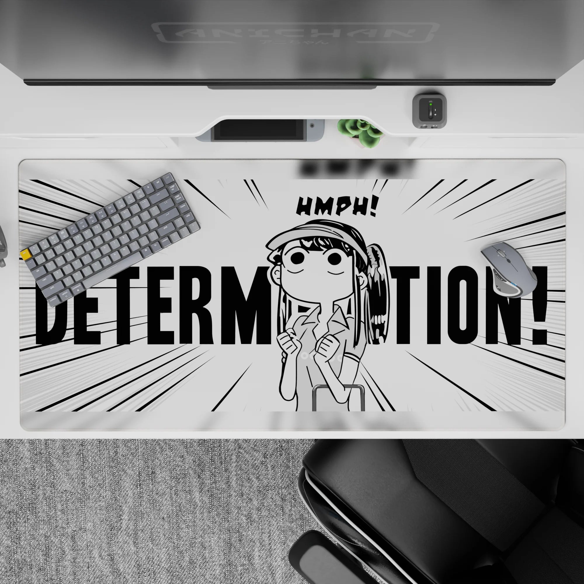 High-contrast black-and-white desk pad, stubborn pouty anime vibe with DETERMINATION text, 40x20 inches.