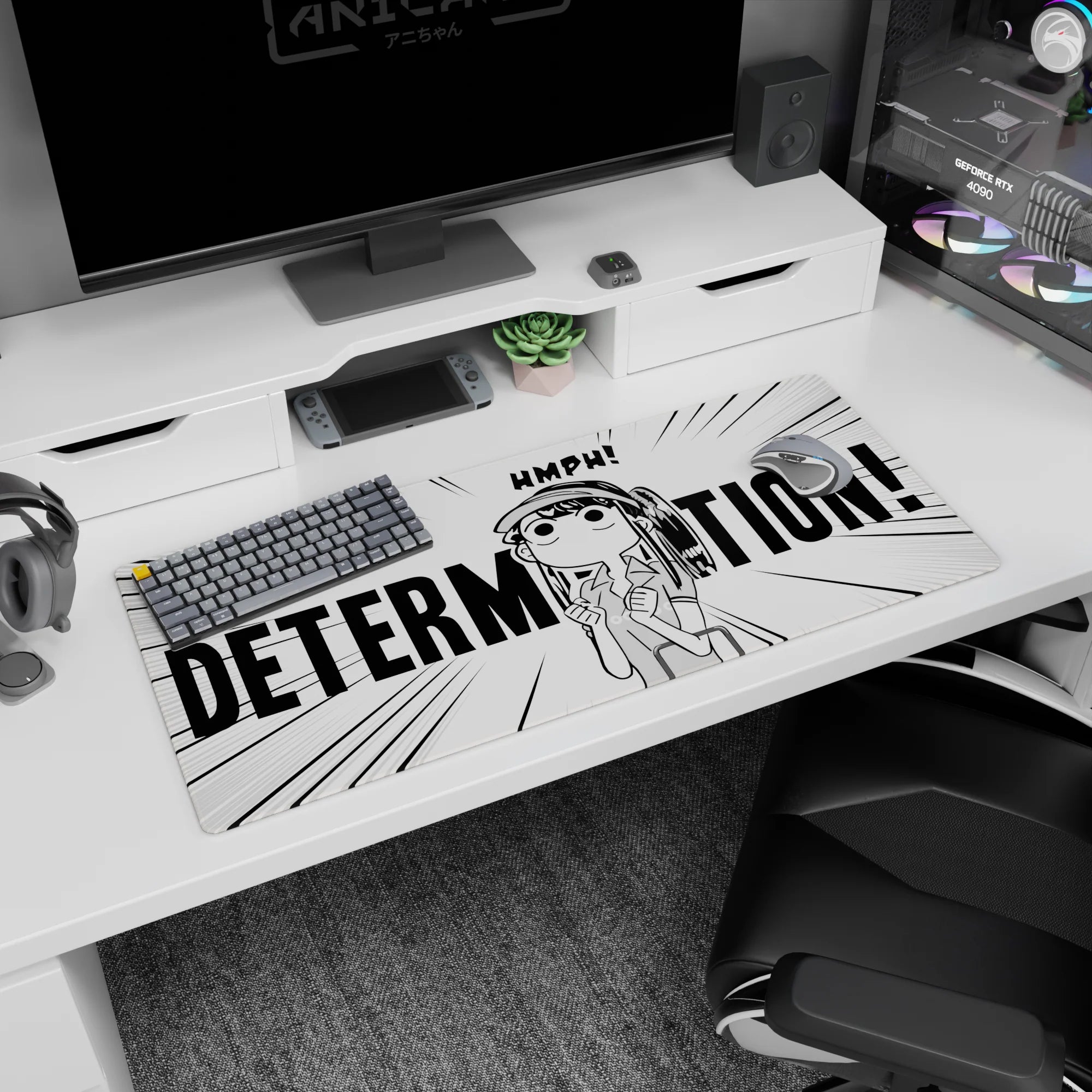 36x16 inches desk pad featuring pouty anime girl with tiny fists up, cap and ponytail, manga burst.