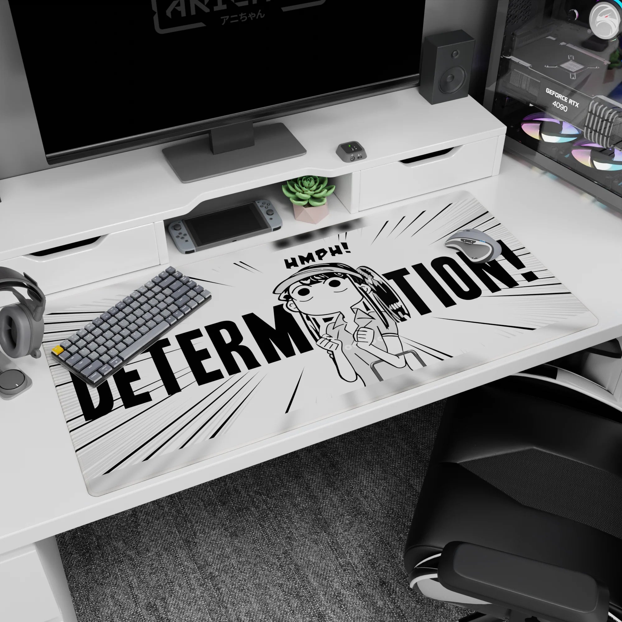 Pouty anime girl with cap and ponytail, tiny fists up, DETERMINATION poster-style desk pad, 40x20 inches.