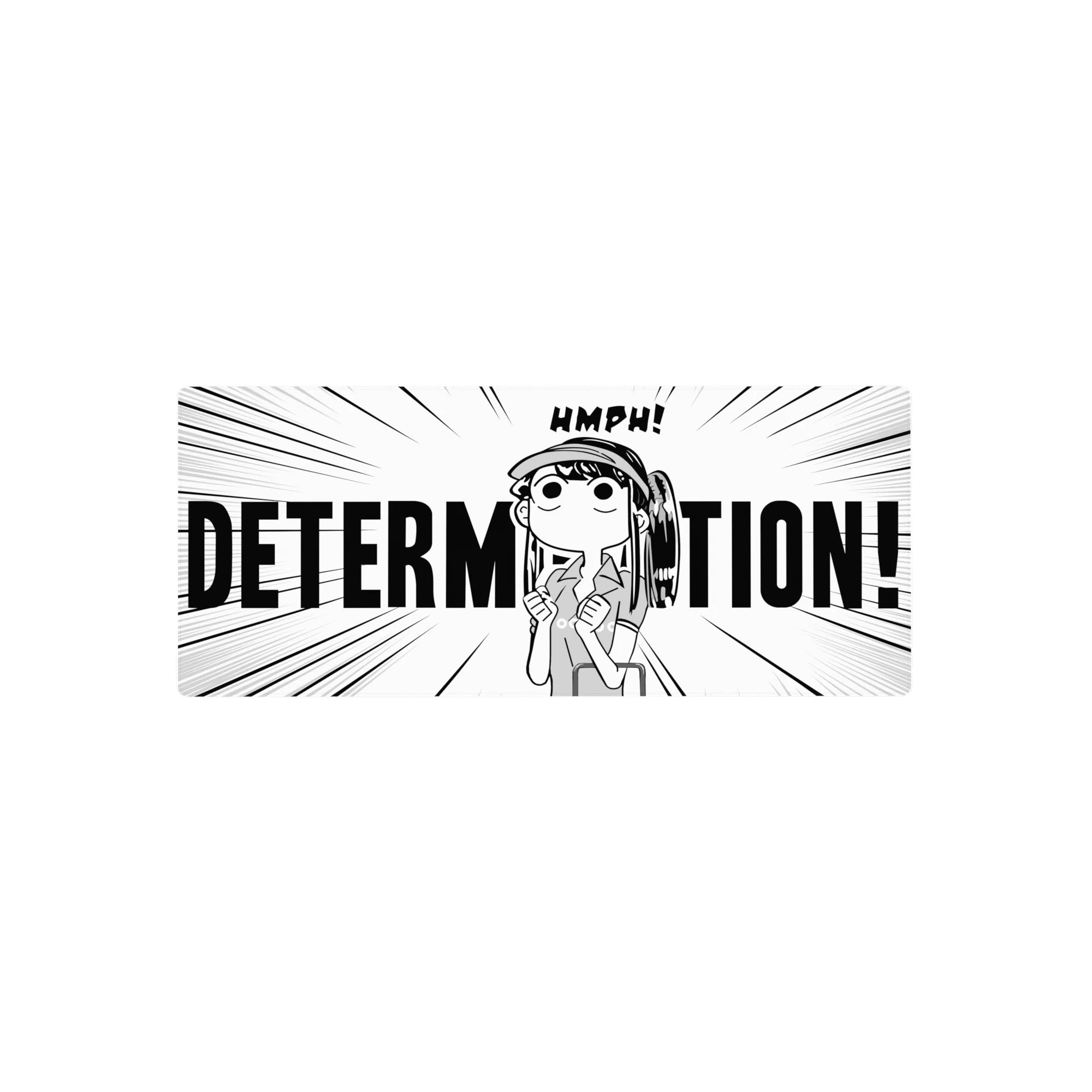 DETERMINATION manga anime girl desk mouse pad, bold line art burst design, 28x12 inches.