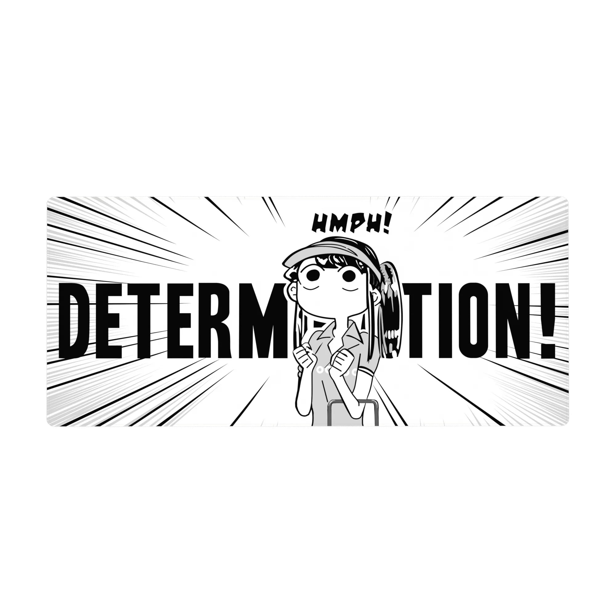 36x16 inches anime girl desk pad with bold manga lines and DETERMINATION! text, cute bossy vibe.