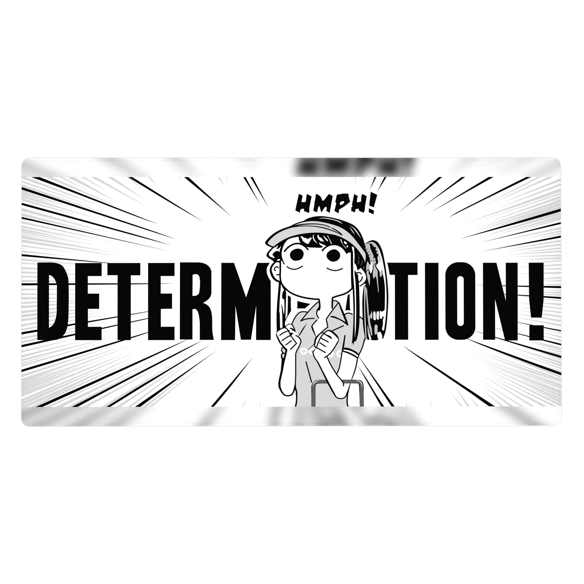 Determination manga anime girl desk pad with bold black-and-white action lines, 40x20 inches.